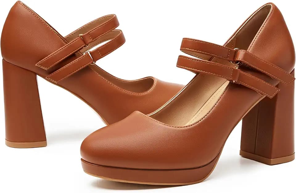 Trary Mary Jane Shoes Women Heels Platform Chunky Block High Heels with Double Strap Women's Pumps Comfortable Dress Pumps for Party Wedding Office Round Toe Heel Shoes