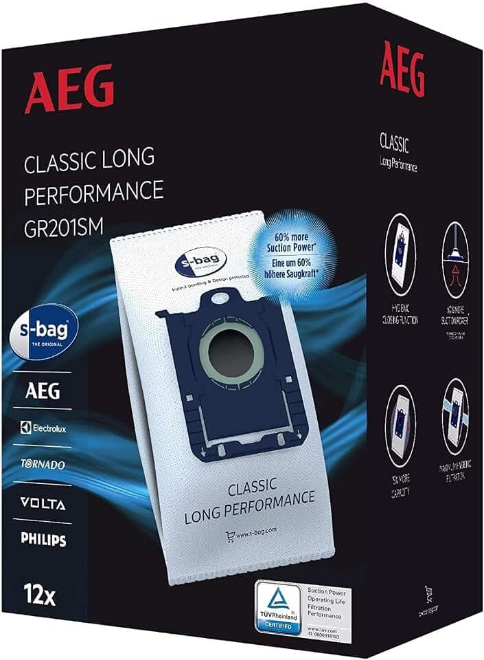 AEG GR201SM s-bag Staubbeutel Classic Long Performance MegaPack, 12 Synthetik Staubsaugerbeutel für dauerhaft hohe Saugleistung, optimale Filtration, Hygieneverschluss, 60% mehr Saugkraft, weiß