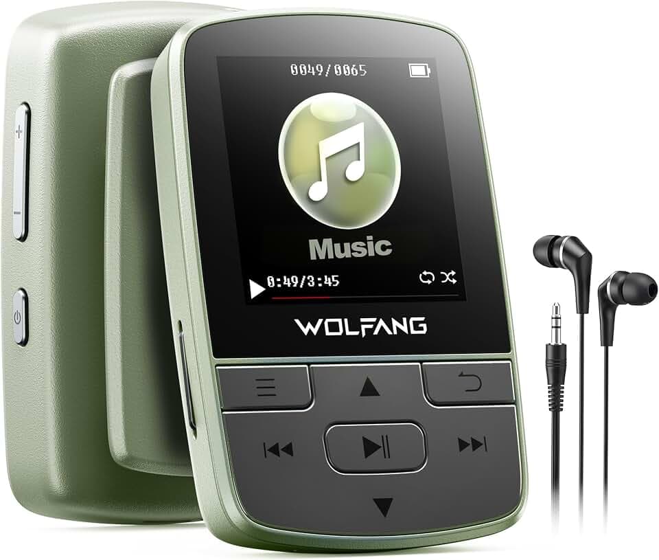 WOLFANG MP3-Player mit Bluetooth 5.2, Sportclip, Mini-Größe, Gewicht 28,3 g, HiF-FM-Radio, Diktiergerät, Kopfhörer im Lieferumfang enthalten,Militärgrün