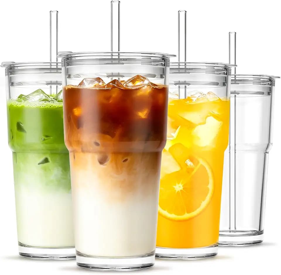 INSETLAN 4 Stück 600ml Klassisch Glasbecher mit Deckel und Strohhalm, luftdichtes und wasserdichtes Design Becher Glas, ideal als Kaffee, Smoothie,Matcha