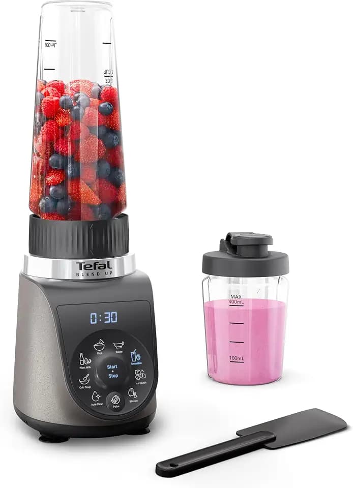 Tefal Blend Up Mini-Mixer, 1000 W, 8 Automatikprogramme, Powelix-Klingen, automatischer Reinigungsmodus, kompakt, leicht, Silence-Modus, inkl. On-the-Go-Flaschen (400/700 ml), Grau, BL19JEF0