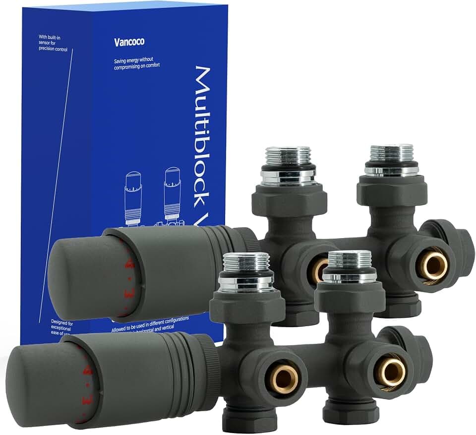VANCOCO 2er Set Anthrazit Thermostat Hahnblock 50mm Eurokonus Heizkörper
