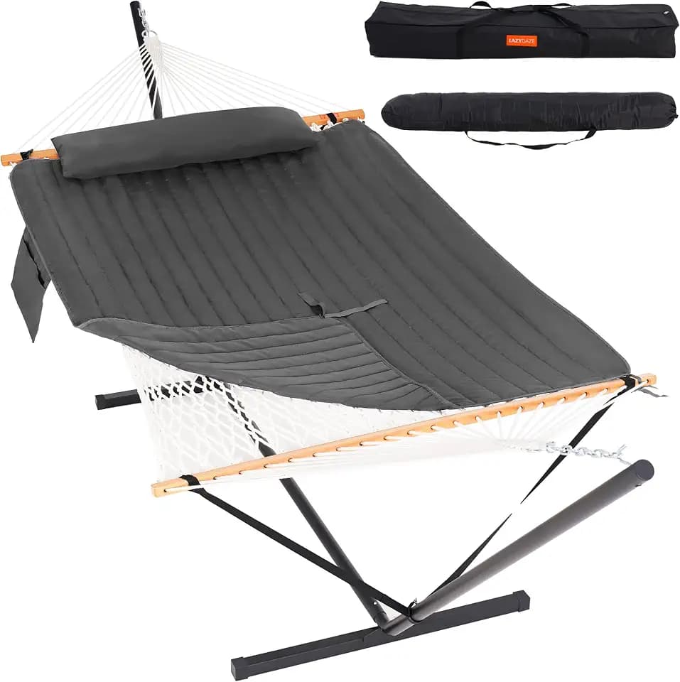 Lazy Daze Rope Hammock with Stand and Detachable Pad for Outside, Grey