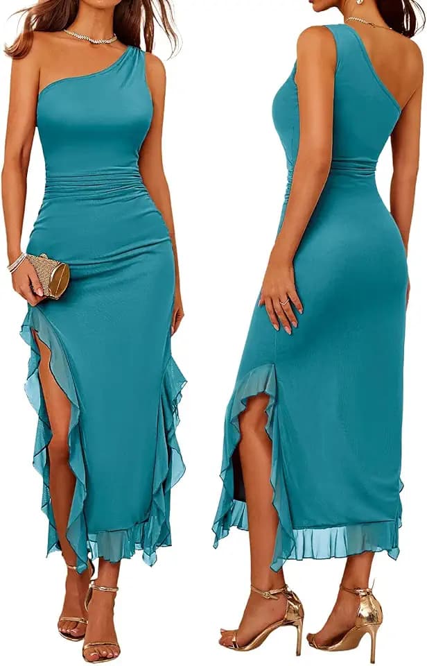 DRESSTELLS Women Formal Wedding Guest Long Cocktail Party One Shoulder Mesh Ruched Bodycon Maxi Ruffle Slit Dress