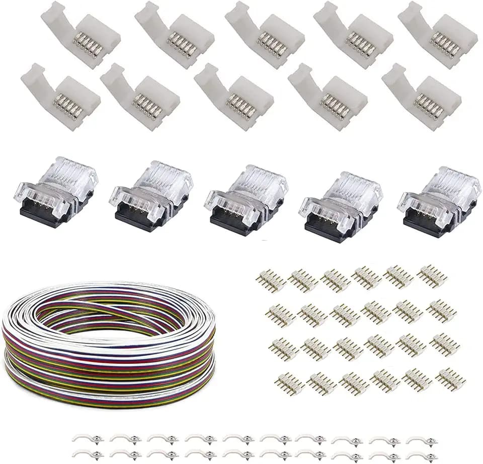 6-poliges 12 mm RGBWW 16.4 FT5M Verlängerungskabel für RGBCCT 5050 3528 farbwechselndes flexibles LED-Licht mit 10 Gapless-Steckern, 20 LED-Streifenclips, 20 Steckern