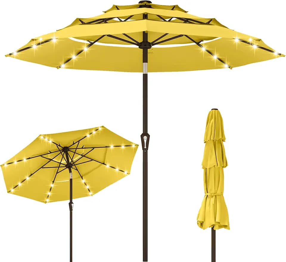 Kingdura 10ft 3-Tier Patio Umbrella with Solar Lights, Table Umbrella Outdoor Patio with Easy Crank & Tilt, 8 Sturdy Ribs, UV Protection, 32 LED Lights for Deck, Poolside, Market (Yellow)