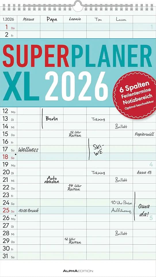 Alpha Edition - Superplaner XL 6 Spalten 2026 – Familienkalender 26×45 cm mit 6 Spalten & Notizbereich, übersichtlicher Familienplaner & Wandkalender mit Ferienterminen für große Familien