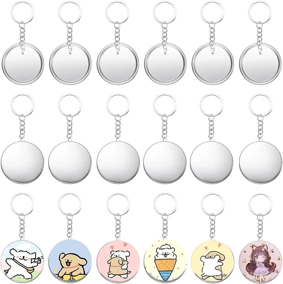 50 Stück 58mm Button Maker Schlüsselanhänger Zubehör Metallknopf Set mit Metallgehäuse, Rückabdeckung, transparenter Folie und Kettenkopf