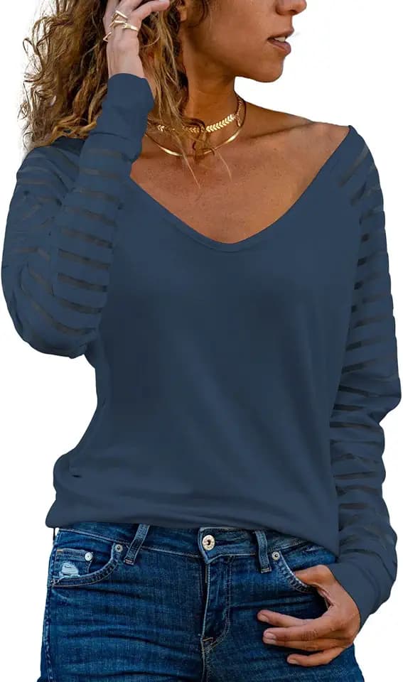 AISEW Womens Long/Short Sleeve V Neck T-Shirt Striped Sheer Mesh Raglan Tees Loose Casual Tops