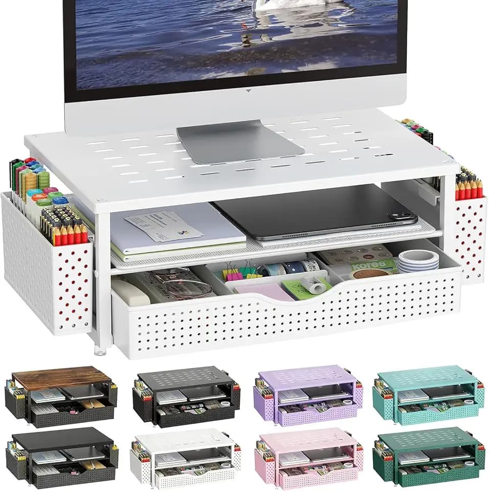 gianotter Monitor Stand with Drawer and 2 Pen Holders (White)