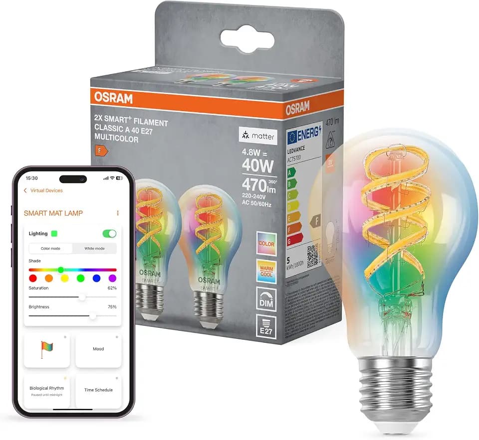 Osram SMART+ RGB Filament Lampe mit Matter over Wifi, Vorteilspack mit 2 Stück, E27-Sockel, 5W, 16 Mio RGB-Farben, warmweiß-tageslichtweiß (2700-6500K), funktioniert mit Alexa, Google und Apple
