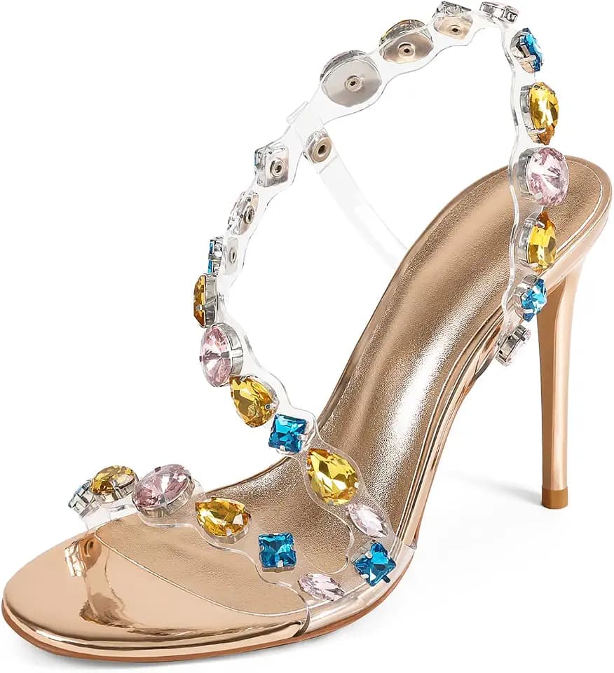 Rhinestone Wrap-Around High Heels for Women, Sparkly Embellished Crystal Clear Strappy Sandals, 4-Inch Open Toe Stiletto Heels, Evening Wedding Party Dressy Shoes