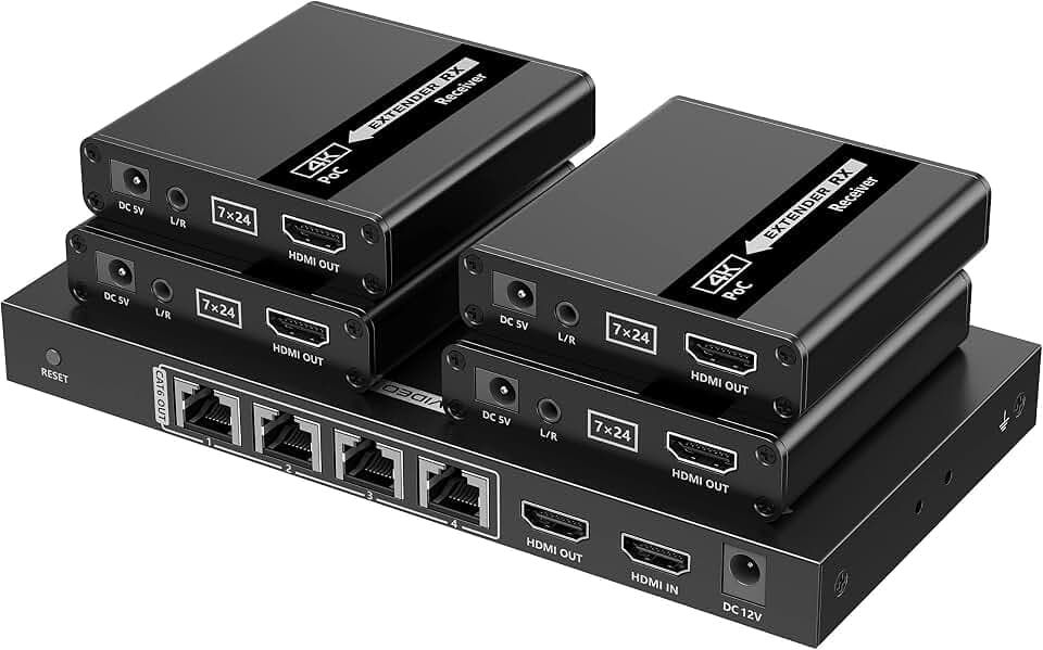 PremiumCord HDMI 1-4 Splitter + Extender über CAT6/6a/7, Ultra HD 4K@30Hz bei 70m, Metallgehäuse, 4 Empfänger mit Netzteilen, Dolby TrueHD, 3D, EDID, CEC, HDCP2.2