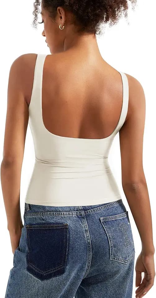 SUUKSESS Women Padded Open Back Boat Neck Tank Top Double Lined Basic Shirt