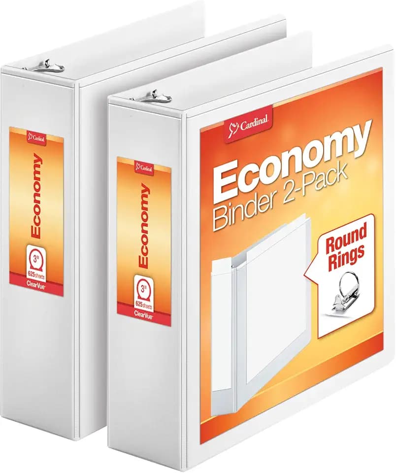 Cardinal Economy 3 Ring Binder, Binders for School and Office, Durable 3 Inch, Presentation View, White, Holds 625 Sheets, Nonstick, PVC Free, 2 Pack of Binders (79530)