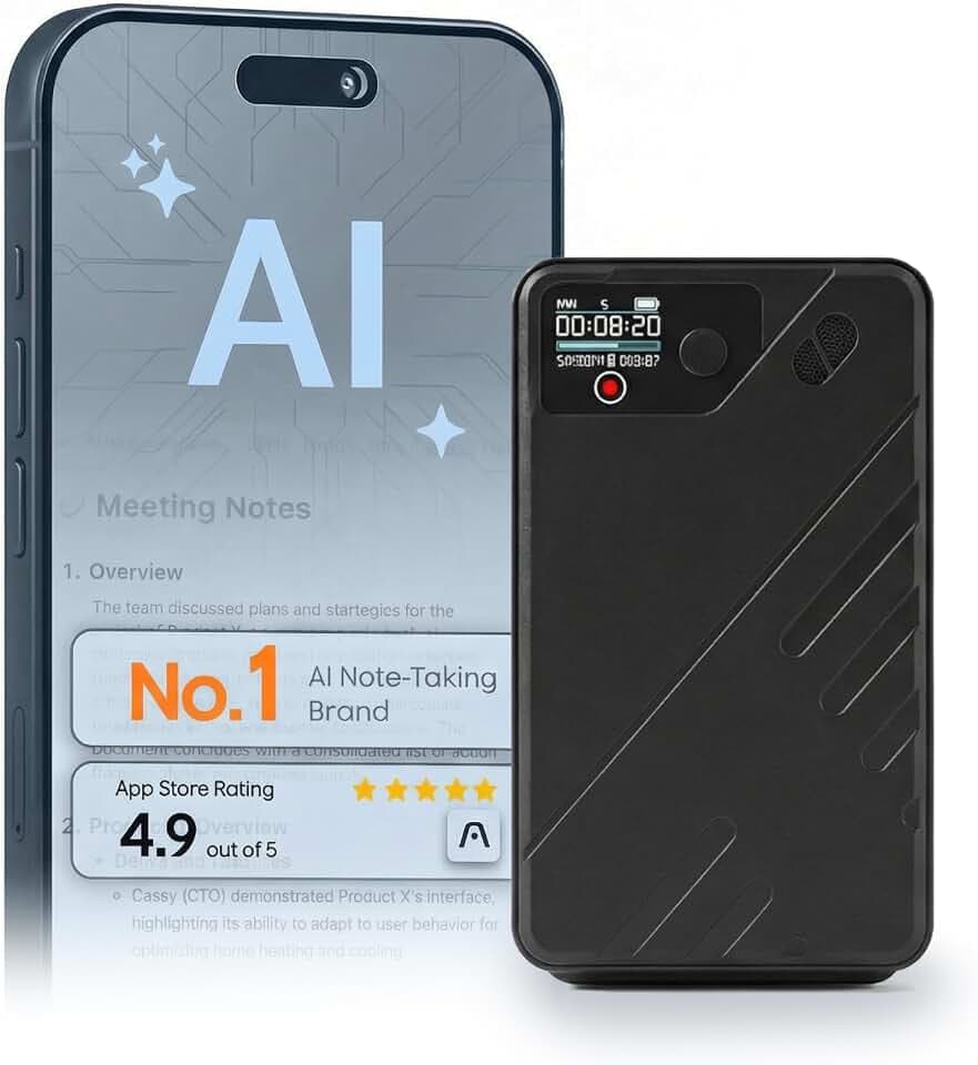 AI Voice Recorder Premium | Real-Time Transcription & AI Summaries | 256 Languages | Smart Recording Device for Meetings, Calls & Lectures | 64GB Storage | App Control