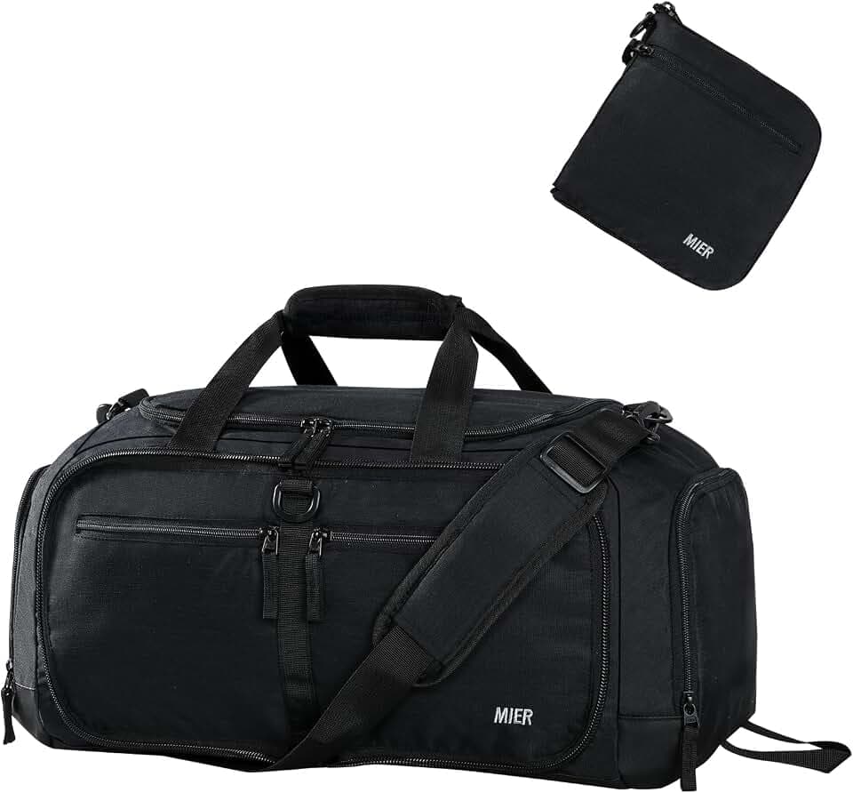 MIER Sporttasche 50L faltbar, Reisetasche mit Schuhfach, Weekender, Schwarz