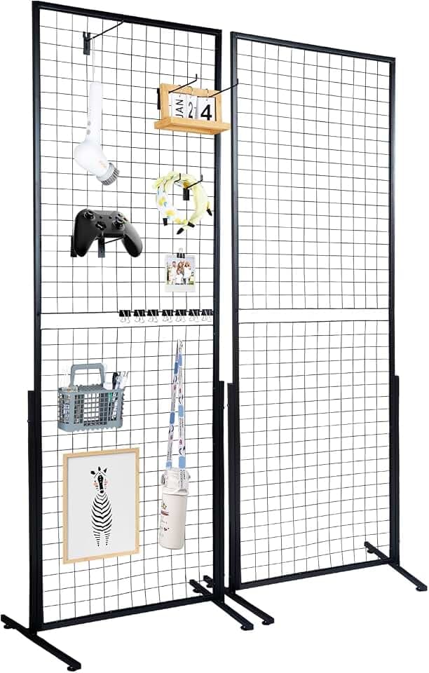 The item_name VEVOR Grid Wall Panels Tower, 2 Packs Wire Grid Panels with T-Base Floorstanding, Double Side Gridwall Panels for Art Craft Shows, Retail Display with Extra Clips and Hooks