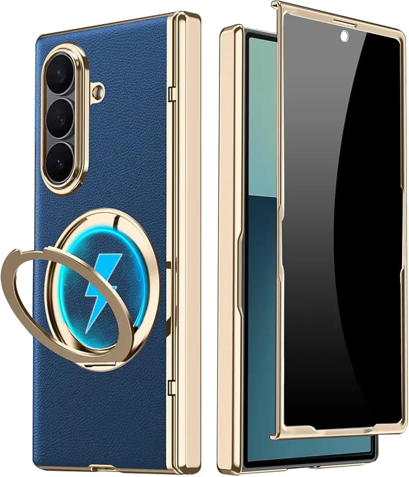 for Samsung Galaxy Z Fold 7 Leather Case with Ring Stand, Z Fold 7 Magnetic Case Compatible Magsafe Accessories Privacy Screen Protector Hinge Cover Anti-spy Phone Case for Z Fold 7 Blue
