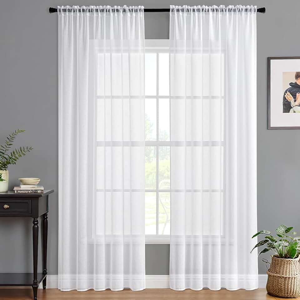 MIULEE Semi White Linen Textured Sheer Curtains 42W×96L Rod Pocket 2 Panels