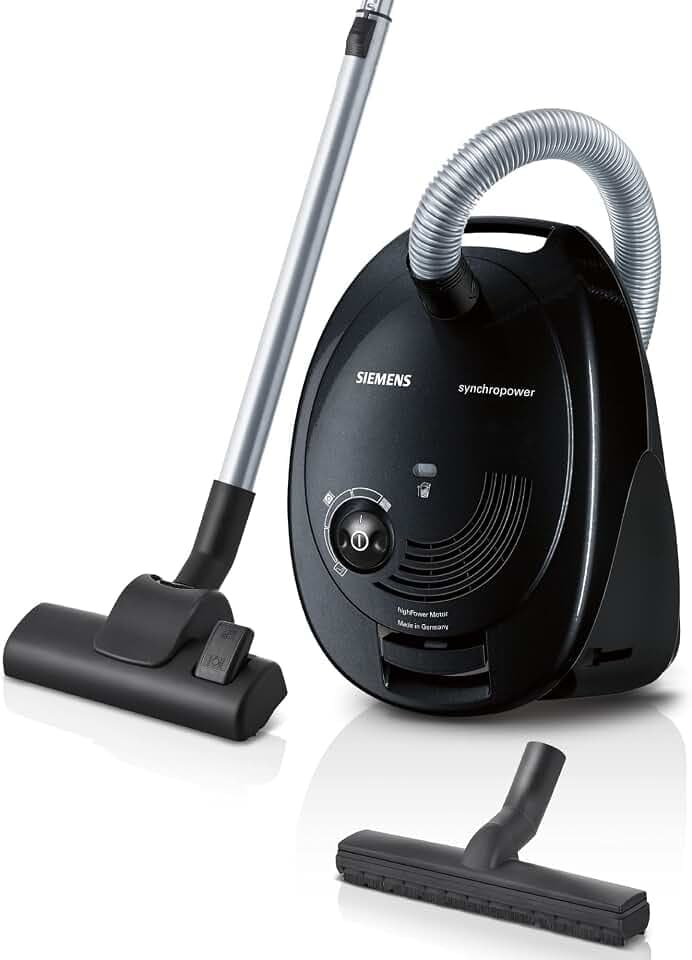Siemens Staubsauger mit Beutel synchropower VS06B112A, Bodenstaubsauger, Hygiene-Filter, Bodendüse für Parkett, Teppich, Fliesen, starke Saugleistung, langes Kabel, Fugendüse, 700 W, schwarz