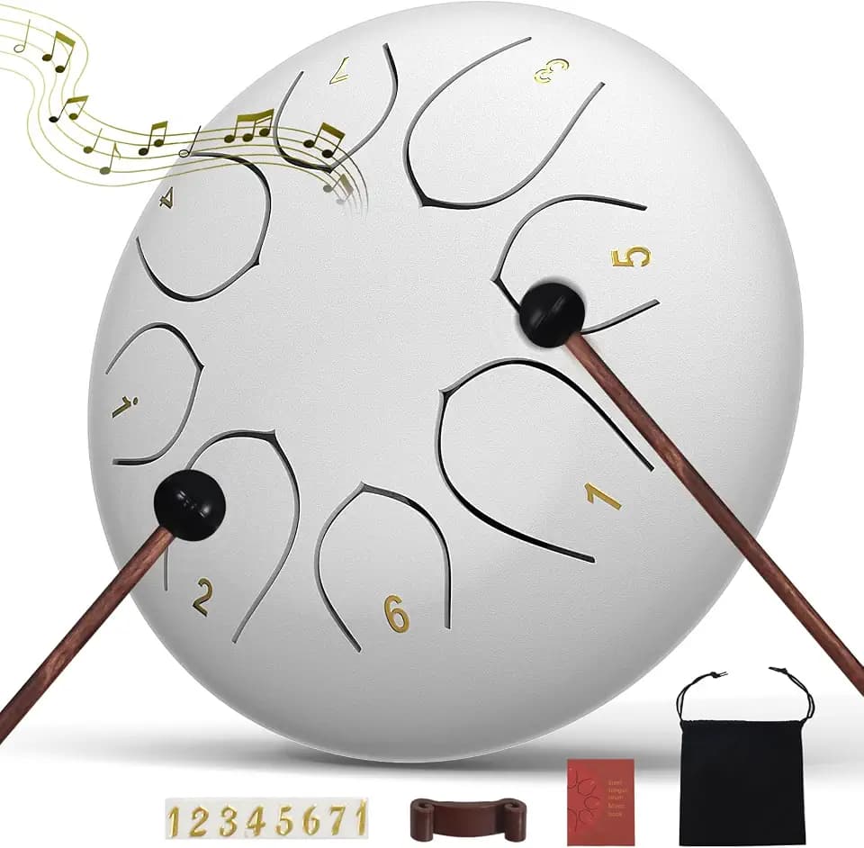 Rain Drum for Outside Garden, 6 Inches 8 Notes Steel Tongue Drums, Waterproof Meditation Echo Rain Chime, Musical Instruments for Adult Gift with Bag, Music Book, Mallets (White)