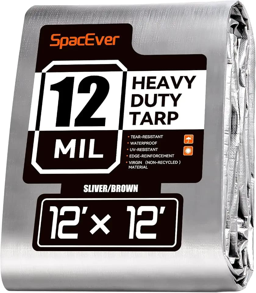 Tarp Heavy Duty 12x12 FT, 12 Mil Thick Large Tarps Water-Proof with Grommets, UV& Tear Resistant, Plastic Cover for Pool Roof Tent Outdoor Firewood, Silver& Brown