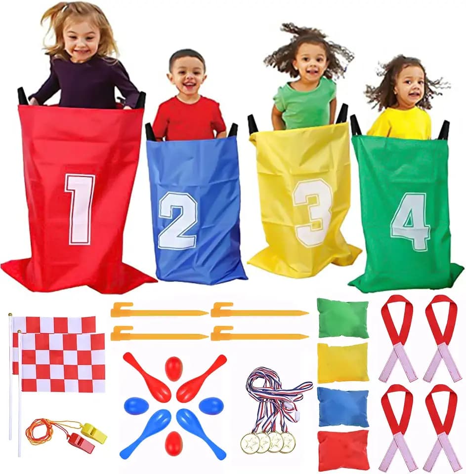 GOLDGE Sackhüpfen Säcke Kinder Outdoor Spiele für Kinder, 32pcs Kinderparty Set mit Hüpfsäcken Sandsack Eierlaufen Medaille für Kinder ab 3 Jahren