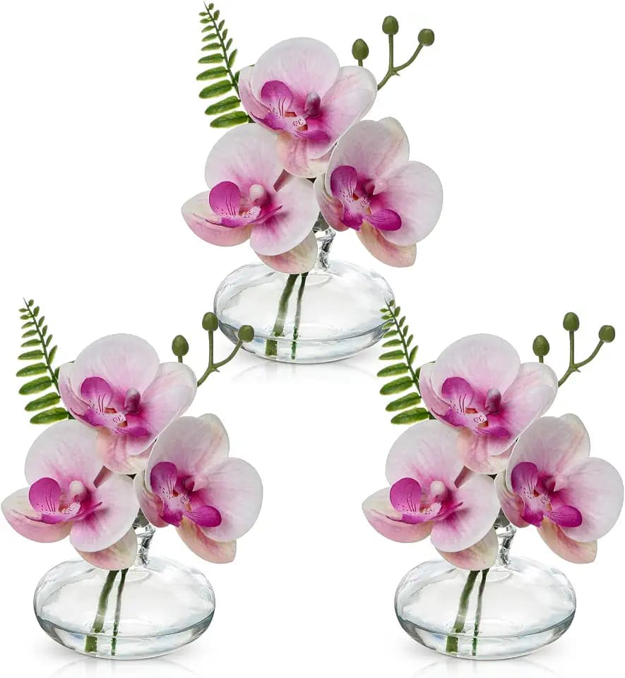 Oairse Pink Orchids Artificial Flowers Faux Orchids Arrangement in Clear Glass Vases Set of 3 Real Touch Phalaenopsis Orchid Flowers Small Fake Orchid Centerpiece for Dining Room Table