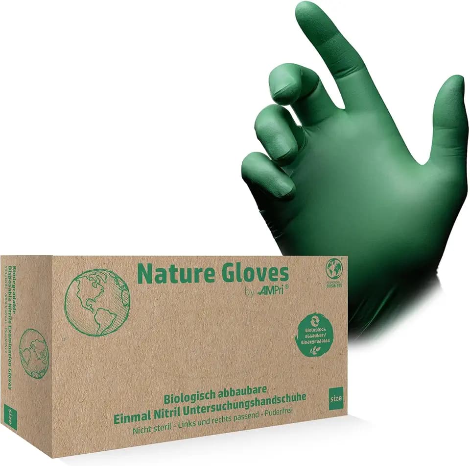 AMPRI Biologisch abbaubare Nitrilhandschuhe, grün, 100 Stück/Box, Größe L, puderfrei, Nature Gloves by Med-Comfort: Nitril Einmalhandschuhe, Einweghandschuhe in den Größen XS, S, M, L, XL