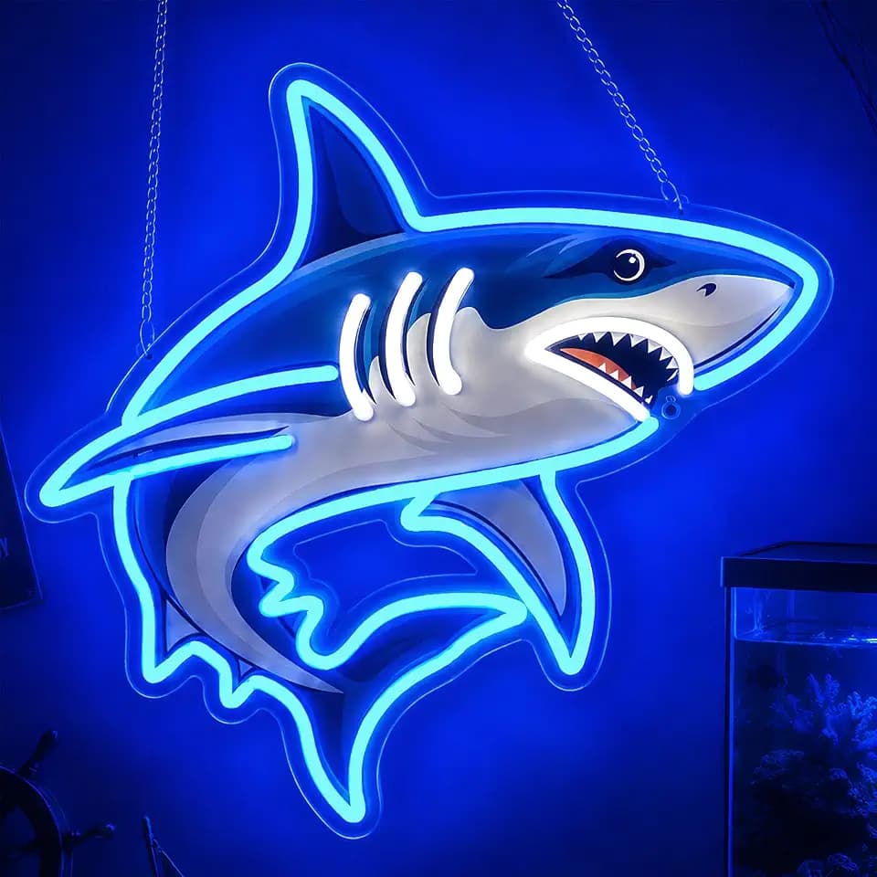 Shark Neon Sign, Colorful Printed Dimmable Shark LED Light for Bedroom, Game Room, Man Cave, Wall and Birthday Party Decor, Shark Gifts for Boys and Men, 15 x 14.5 in