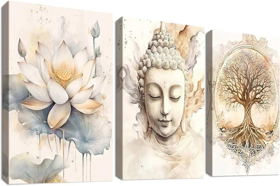 3Pcs Baum des Lebens Buddha Leinwand Bilder Set Mit Rahmen Zen Buddhismus Beige Lotusblume Bild auf Leinwandbilder Malerei Wandbilder Wohnzimmer Schlafzimmer Badezimmer Wanddeko 30x40cm x3pcs