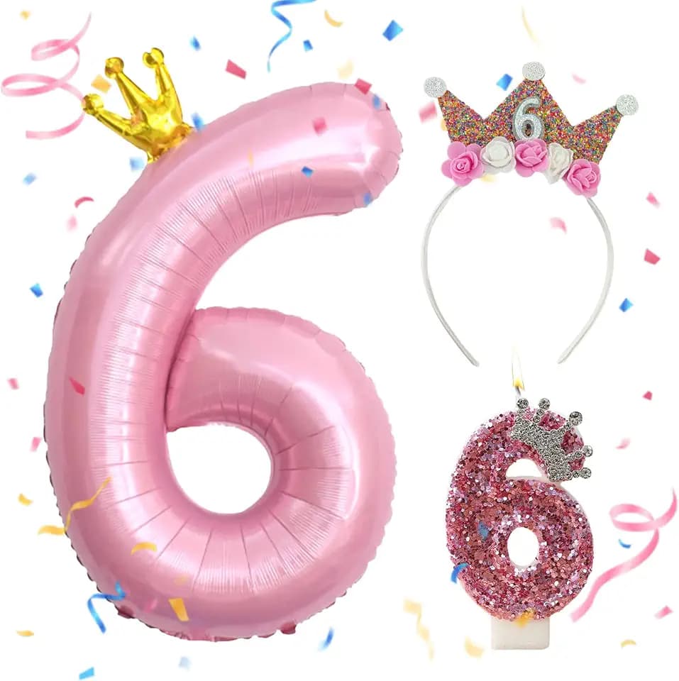 Luftballon 6. Geburtstag Zahl 6 Rosa,Geburtstagskrone,Geburtstagskerzen