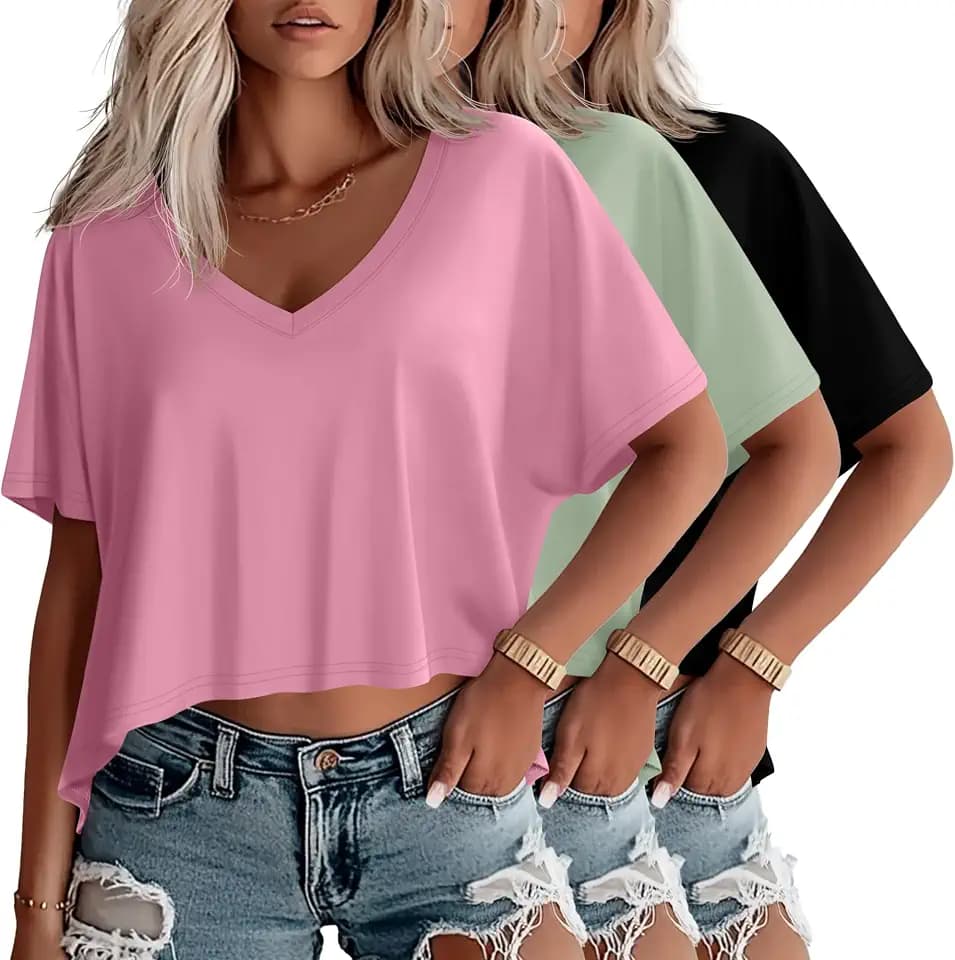 Huukeay 3 Pack Women's Oversized V Neck T Shirts