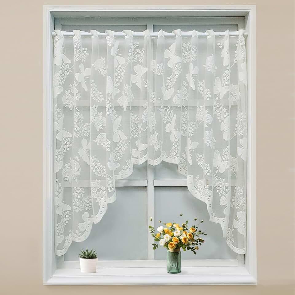 KnBoB Bistrogardine Weiß (100x150cm) – Schmetterlinge & Blumen, Transparent Stickerei Spitze Voile, Mit Ösen, Polyester – Für Küche/Wohnzimmer