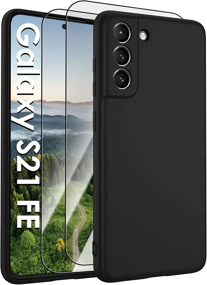 for Samsung Galaxy S21 FE 5G Case,Liquid Silicone Upgrade [Soft Anti-Scratch Microfiber Lining][2 HD Screen Protector][Full Camera Protection] Shockproof Phone Case for Samsung S21 FE 6.4 inch -Black