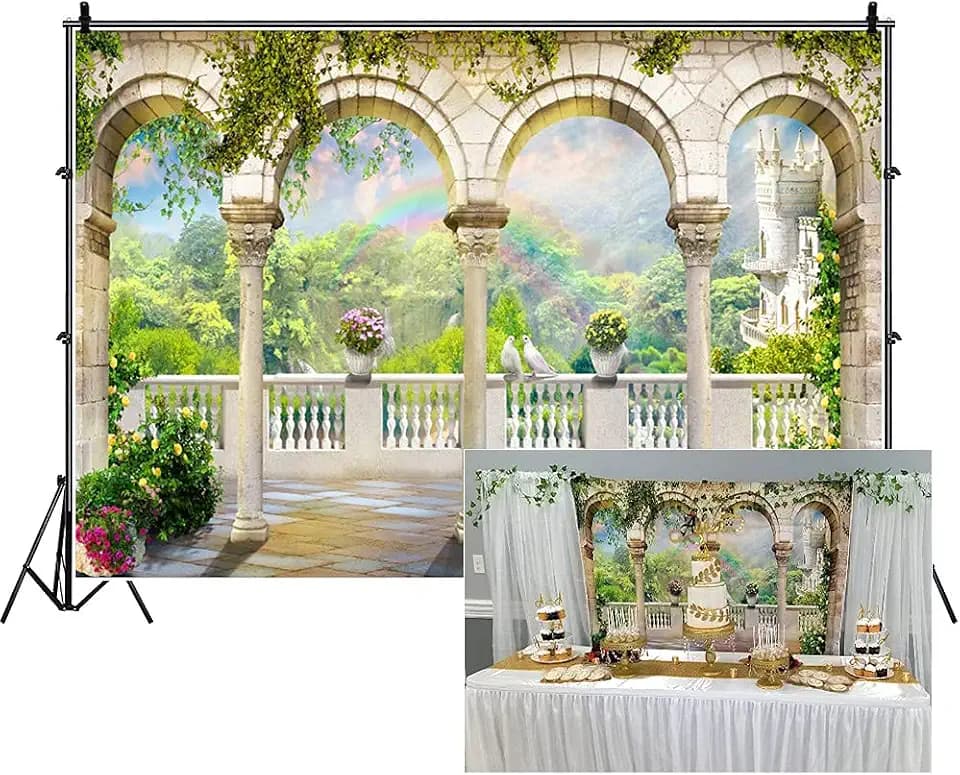 7x5ft Scenery Photography Backdrop Garden Arched Door Wedding Birdal Shower Engaged Theme Party Backdrop Blue Sky Kids Lover Adult Wedding Photo Studio Props