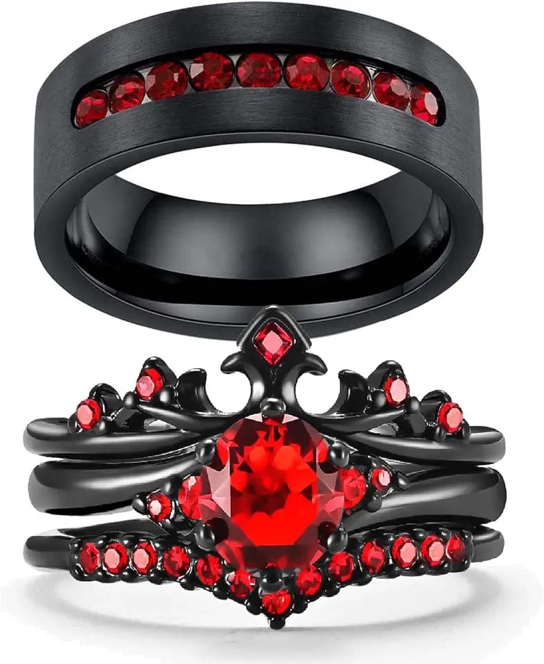 Couple Rings Black Crown Matching Ring Bridal Sets Blue Cz Womens Wedding Ring Sets for Him and Her Wedding Bands