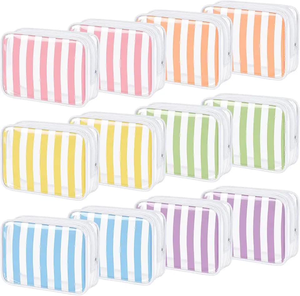 Suclain 12 Pcs Pastel Striped Makeup Bags, Travel Clear Toiletry Bag
