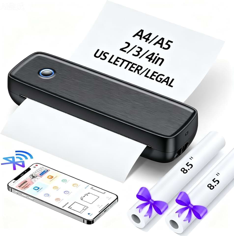 Portable Thermal Printer, Wireless & Bluetooth Mini Inkless Printer for Travel, Office, Home, Supports 8.5x11inch, Compatible with iPhone, Android, Laptop| Black