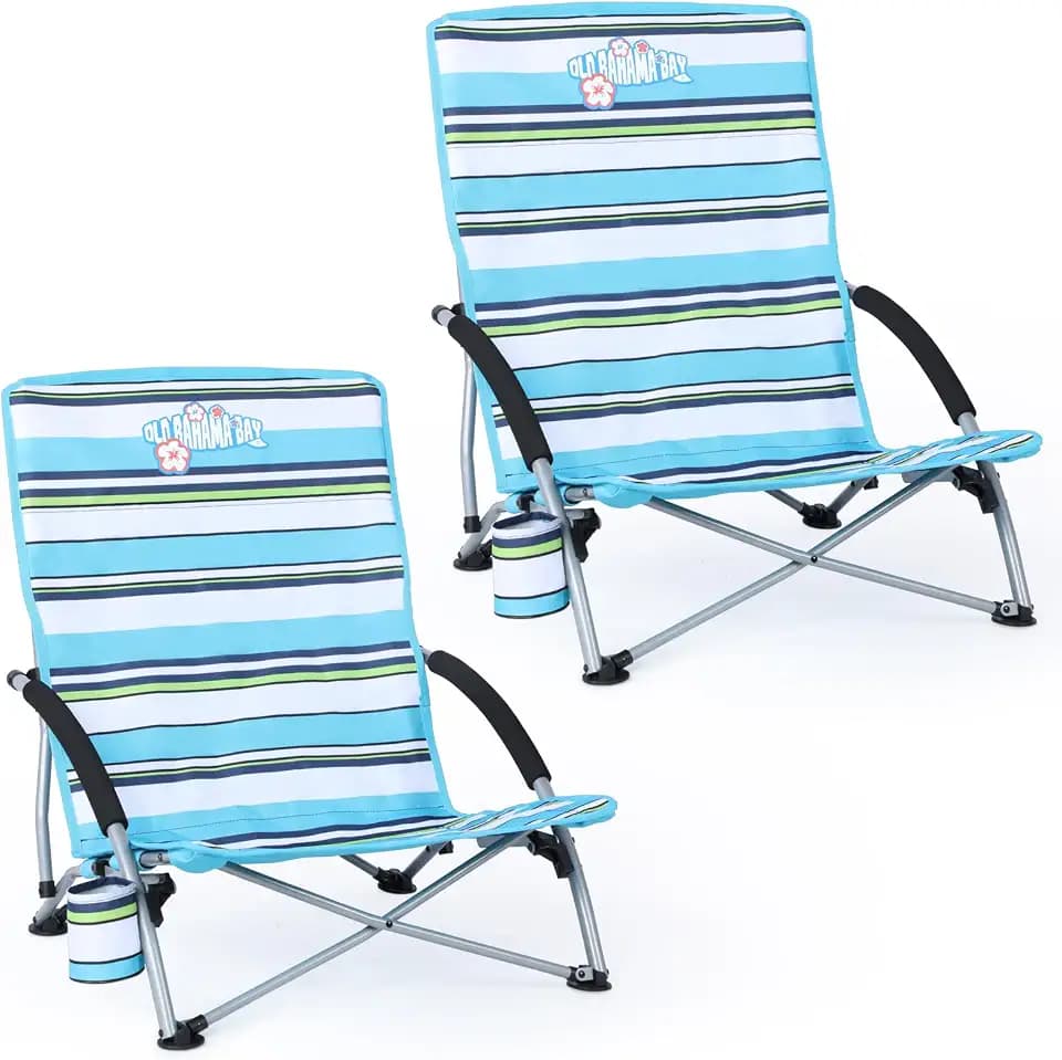 Old Bahama Bay 2 Pack Ergonomic Low Beach Chair for Back Support – Heavy Duty 350lbs Folding Sand Chair, Cup Holder & Carry Bag – Lightweight Portable Seat for Beach, Camping, Concerts,Stripe Design