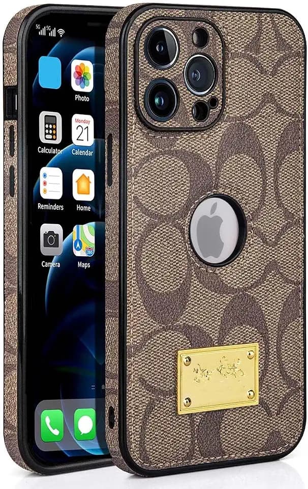 for iPhone 15 Pro Max Case with Camera Lens Protector, Logo View, Luxury Designer Classical Leather Full Protection Shockproof Anti-Scratch Phone Cover for iPhone 15 Pro Max Khaki