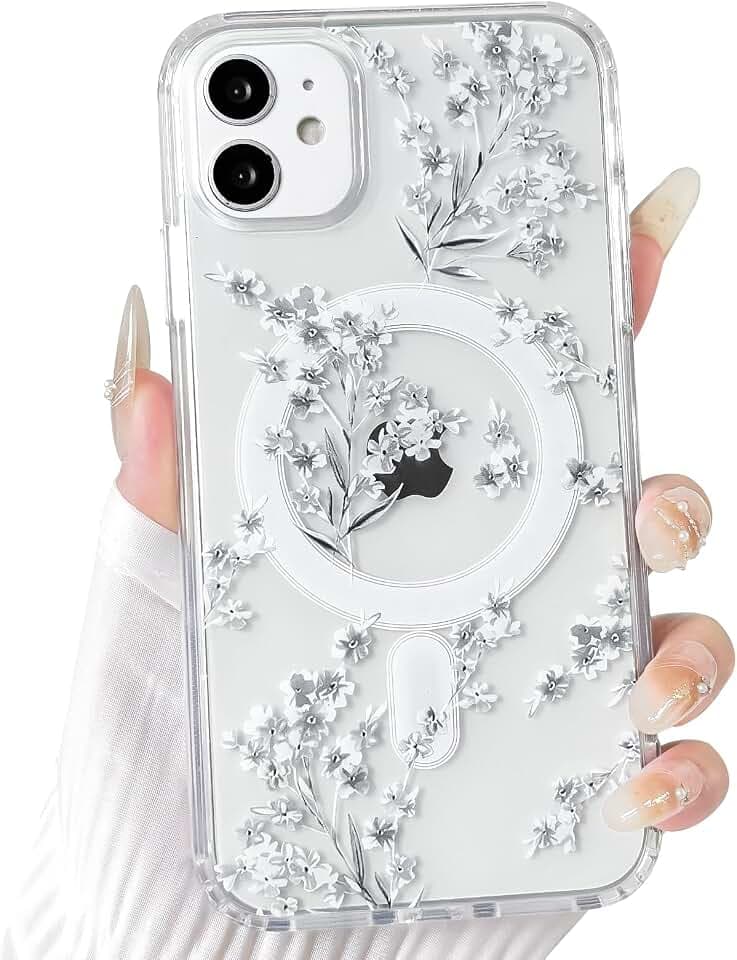 NITITOP for iPhone 12/12 Pro Case Magnetic Clear Flower - White