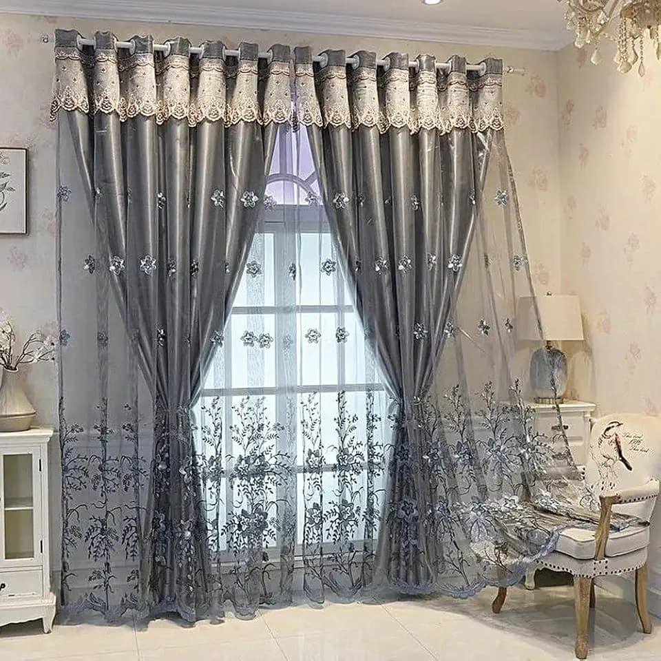 Amidoudou 1 Pair European Double Layer Curtains for Living Room Bedroom Luxury Flower Embroidered Curtains with Valance (Grey,52x84 Inch)