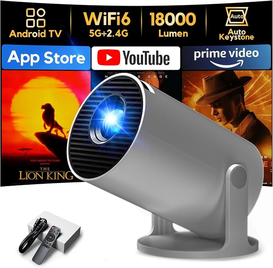 Mini Beamer Unterstützt 1080P [Android 11 & Auto Trapezkorrektur] AKIYO O2 Smart Projektor mit WiFi 6 und Bluetooth 5.4, Beamer Klein mit 180° Drehbar, Kompatibel mit HDMI/Smartphone/USB/Laptop/PS5