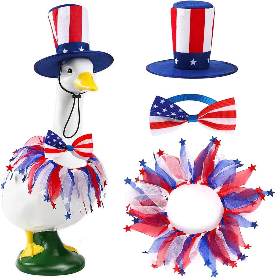 3 Pcs Patriotic Porch Goose Outfits, Cement Goose Costume 4th of July Style Goose Outfit Including Bow Tie and Hat for Garden Decoration Party Patio Yard
