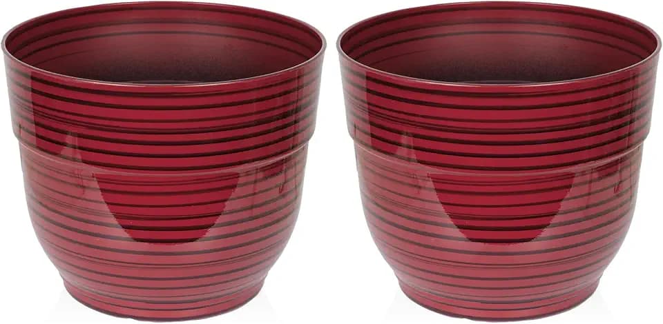 Alpine Corporation 13" Tall Round Glossy Striped Planter with Drainage Hole and Plug – Set of 2 - Durable Indoor/Outdoor Flower Pot for Home and Garden, Red