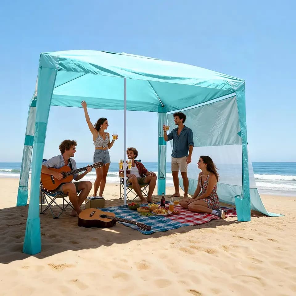 VEVOR Strand-Cabana, 2,4 x 2,4 m Strandzelt mit Seitenwand, UPF 50+ Sonnenschutz, Strandpavillon mit Sandsäcken, höhenverstellbarer & tragbarer Sonnenschutz für Familie und Freund, Grün