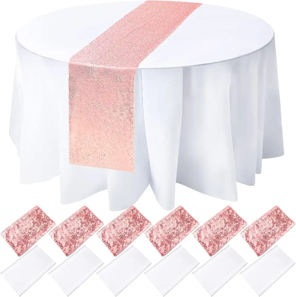 Newwiee 12 Pack Round Plastic Tablecloth Sequin Runner Set,Rose Gold