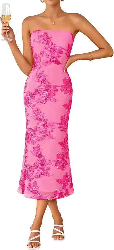 ZESICA 2026 Summer Strapless Floral Cocktail Wedding Guest Dress for Women